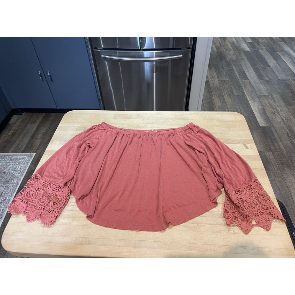 Cropped Coral Lace 3/4 Sleeve Elastic Neck Off Shoulder Swing Blouse M Festival